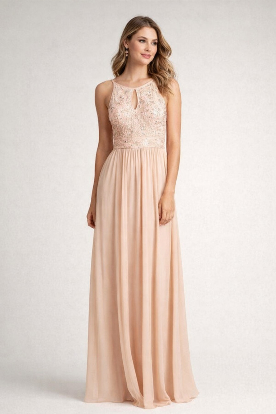 Morgan & Co Sequence Embellished Tie Back Long Halter Dress Nude Size 4